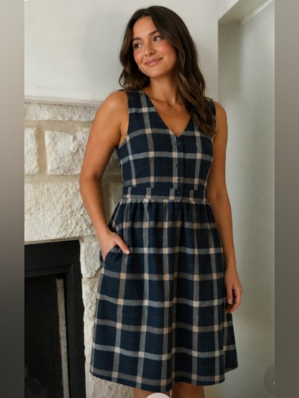 J.O.A. Navy and Cream Plaid Sleeveless Button Dress